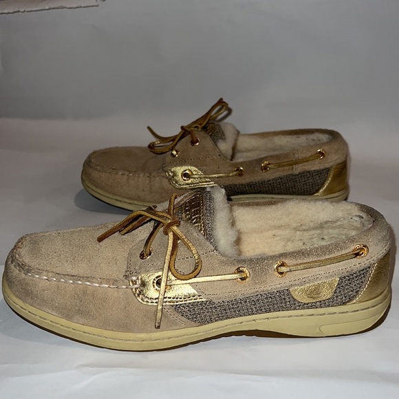 Sperry Topsider CH196 Womens Gold Accents Tan Boat Shoes GOLD LACES Size 7M - Picture 5 of 10